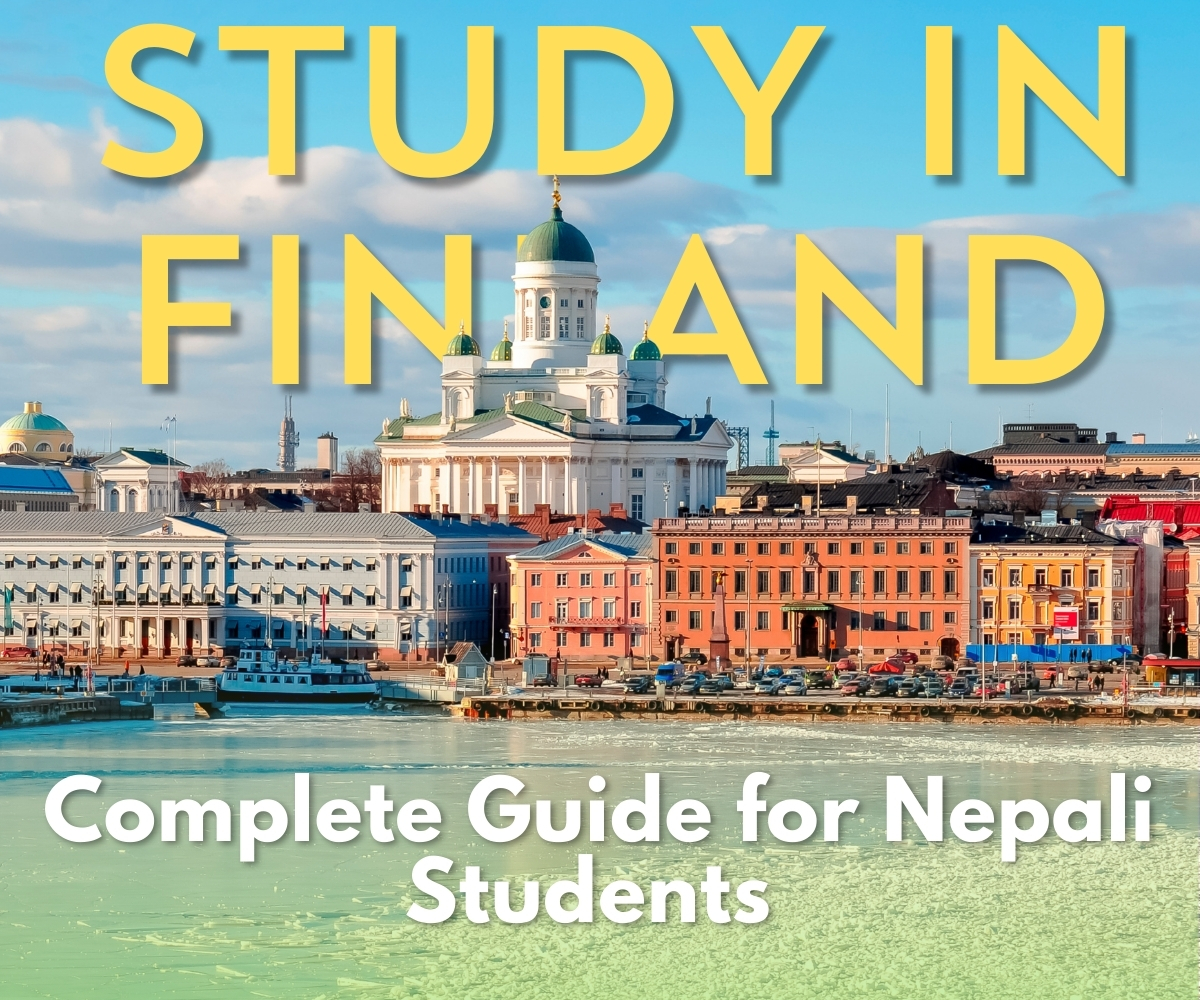 Study in Finland guide for Nepali students featuring Helsinki cityscape and iconic Finnish architecture