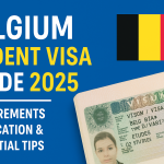 Thumbnail image showing the Belgium flag, student visa document, and bold text "Belgium Student Visa Guide 2025 – Requirements, Application & Tips" on a blue background.