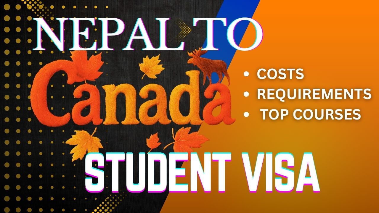 Red thumbnail featuring the Canadian flag alongside bold white text “Nepal to Canada Student Visa 2025” with bullet points for “Costs,” “Requirements,” and “Top Courses.”